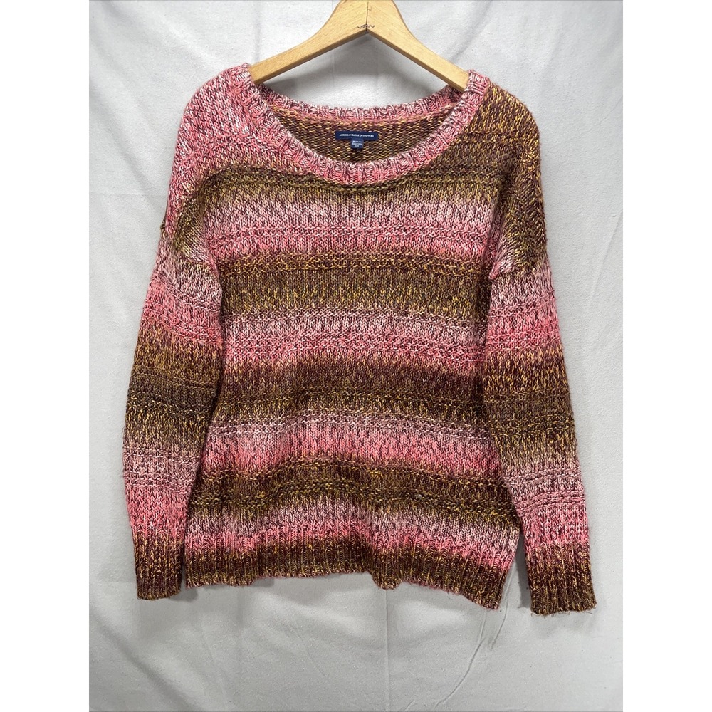 American Eagle Outfitters Pink Yellow Tight Knit Pullover Crew Neck Sweater Sz M